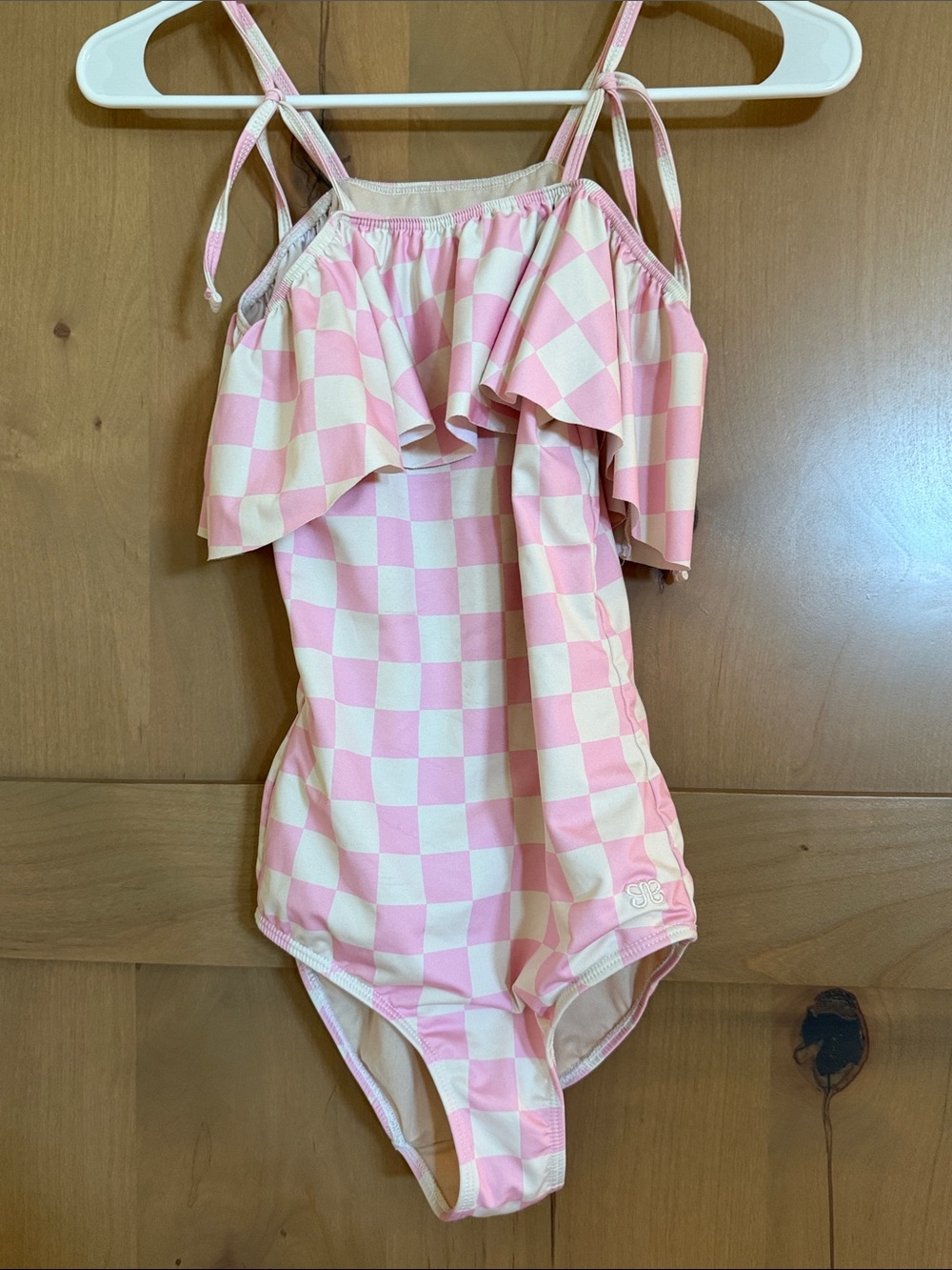 Albion Pink and Cream Check Ruffle One-Piece Swimsuit - Kids